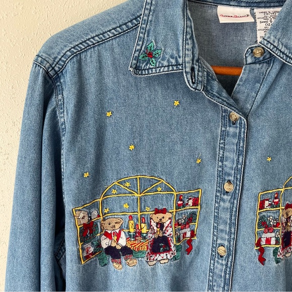 Bobbie Brooks Denim Christmas Bears Embroidery Button Down Shirt Sz Large - Picture 3 of 9